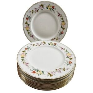 Wedgwood Mirabelle R4537 Bone China Dinner Plates Set of 9 Floral Gold Trim